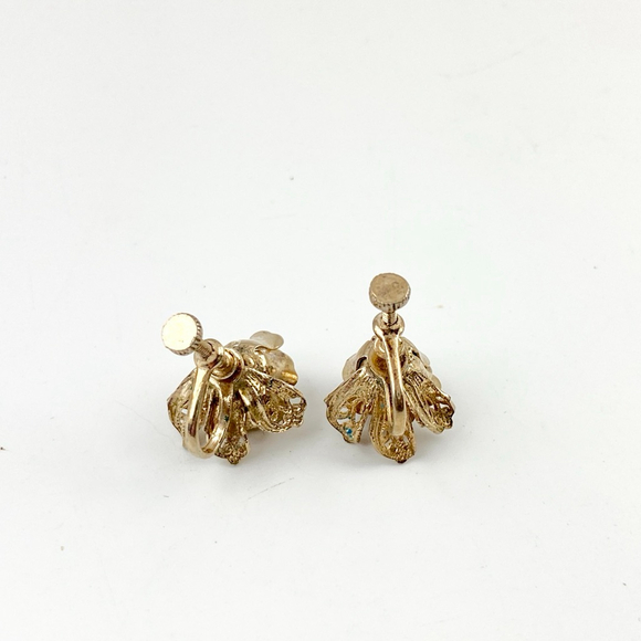 Antique Czech Filigree Gold Tone Rose Blue Rhinestone Screw Back Earrings. - Picture 4 of 5